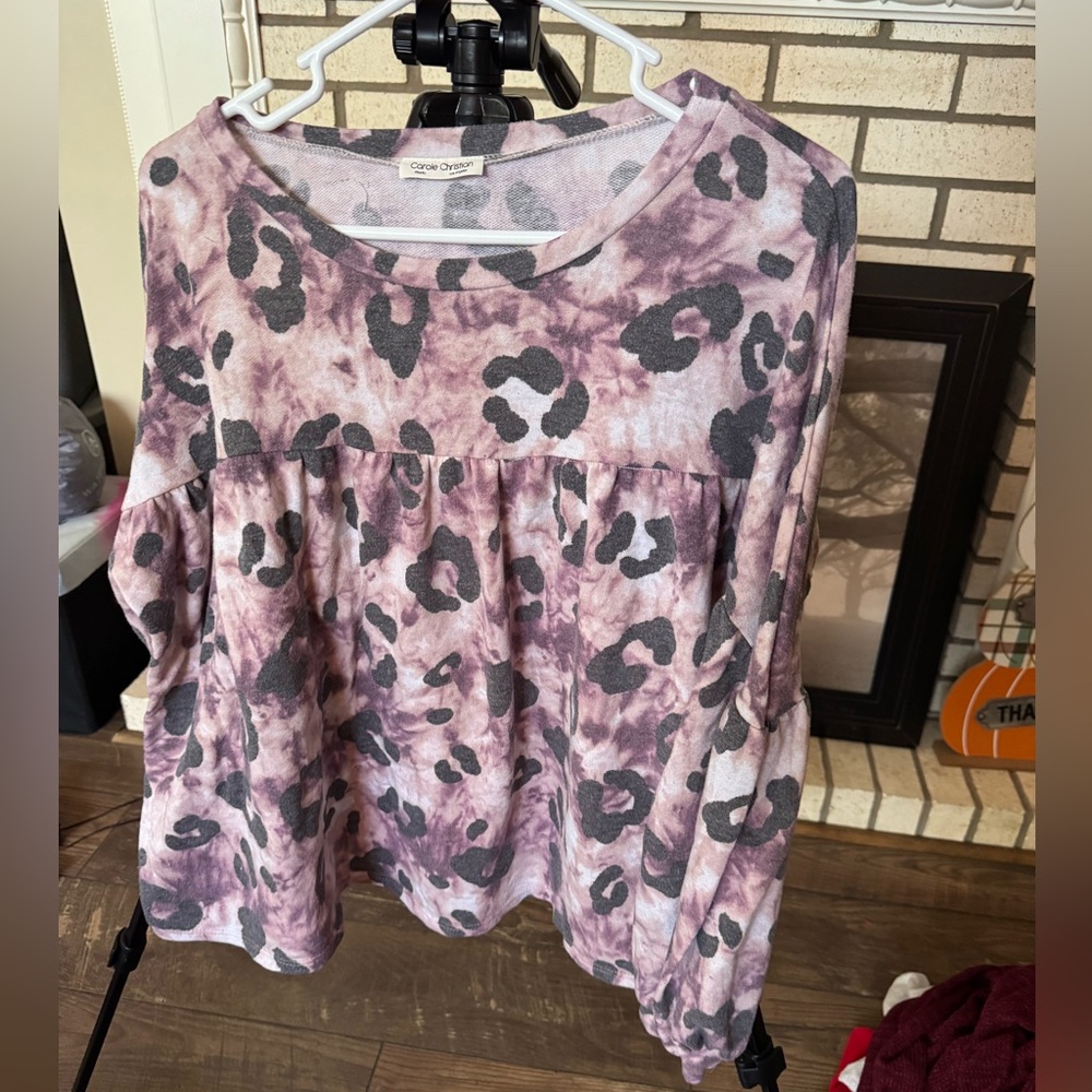 Carole Christian Leopard Print Balloon Sleeve Top, Purple, Long Sleeve, Size L